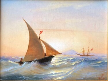 Painting titled "Sailboat at sea" by Roman Yashin, Original Artwork, Oil Mounted on Cardboard