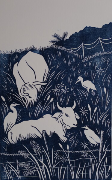 Printmaking titled "Héron garde-boeuf" by Romane Kleindienst, Original Artwork, Linocuts