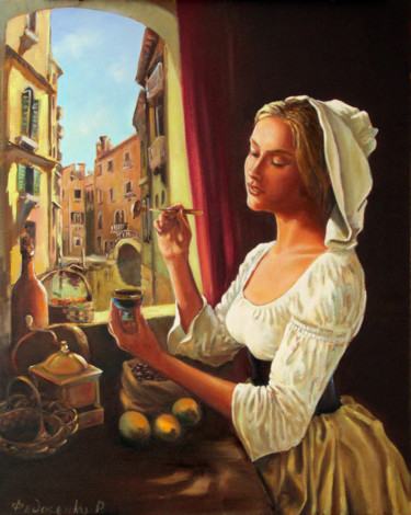 Painting titled "Chocolate Girl" by Roman Fedosenko, Original Artwork, Oil