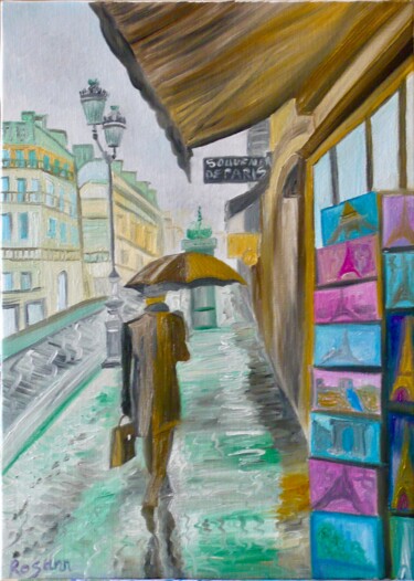Painting titled ""Rain in Paris"" by Rosann, Original Artwork, Oil Mounted on Wood Stretcher frame