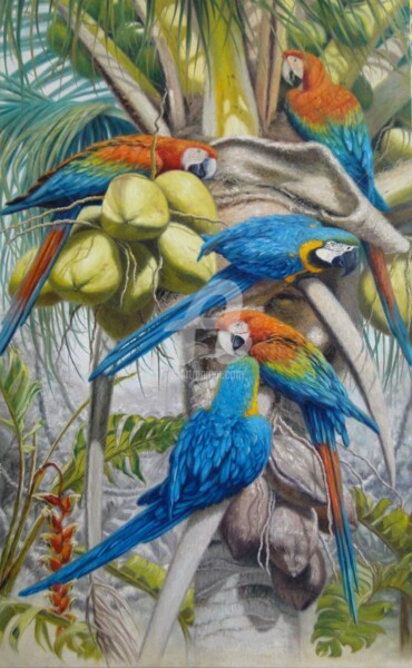 Pintura intitulada "araras-no-coqueiro.…" por Rose Fernandes, Obras de arte originais, Óleo