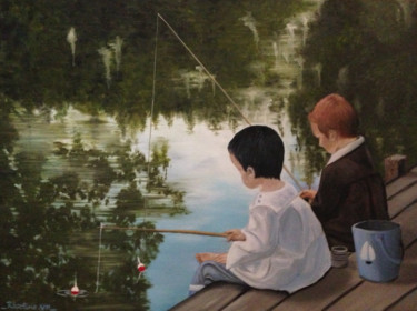 Peinture intitulée "Au Bord de l'Etang" par Roseline Pederencino Et Olivier Villella, Œuvre d'art originale, Huile