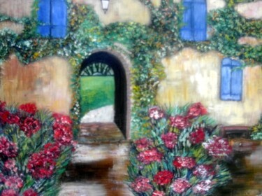 Painting titled "la façade fleurie" by Roselyne Halluin, Original Artwork