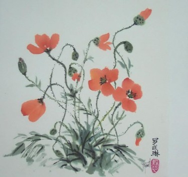Painting titled "coquelicot 1" by Roselyne Pegeault, Original Artwork
