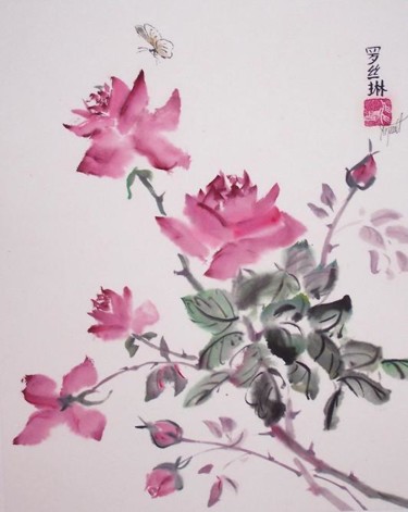 Schilderij getiteld "Roses au jardin" door Roselyne Pegeault, Origineel Kunstwerk