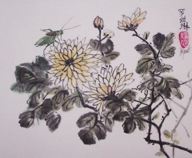 Peinture intitulée "Chrysanthèmes et sa…" par Roselyne Pegeault, Œuvre d'art originale