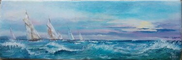 Painting titled "Mer panoramique II" by Roselyne Rollant (Evarose), Original Artwork, Acrylic Mounted on Wood Panel