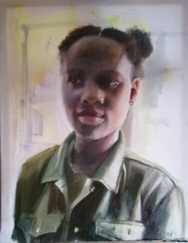 Painting titled "Girl in a khaki shi…" by Rosemary Burn, Original Artwork, Oil