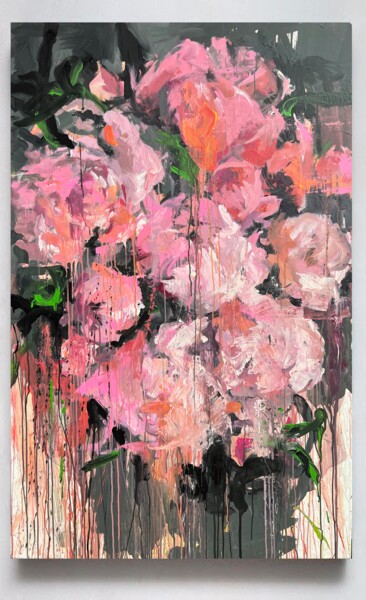 Painting titled "Pink flowers fields" by Rosi Roys, Original Artwork, Acrylic