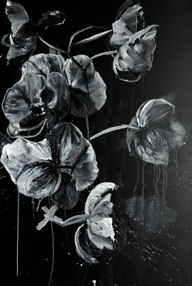 Pintura intitulada "Black and white flo…" por Rosi Roys, Obras de arte originais, Acrílico