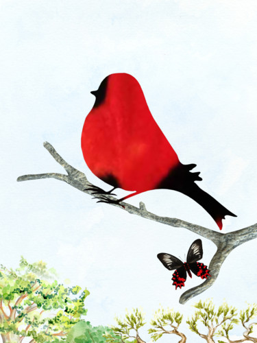 Digitale Kunst mit dem Titel "Red Bird" von Roxana Ferllini, Original-Kunstwerk, Schablone