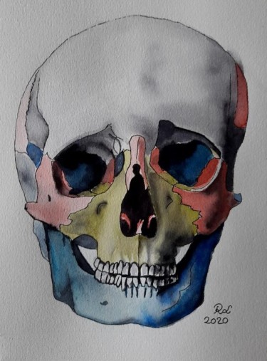 Painting titled "Primary colors skull" by Roxane Le Tétour, Original Artwork, Watercolor