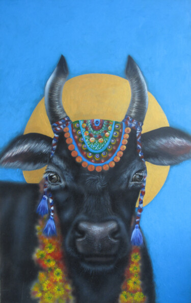 Painting titled "Saint cow" by Roza Bronnikova, Original Artwork, Acrylic