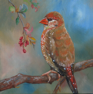 Painting titled "Strowberry Finch" by Roza Bronnikova, Original Artwork, Oil Mounted on Wood Stretcher frame