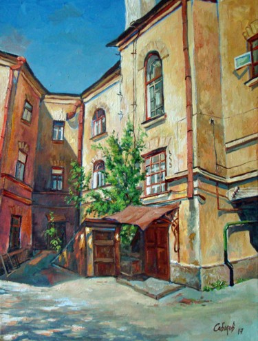 Картина под названием "House on Gorky Stre…" - Ruslan Sabirov, Подлинное произведение искусства, Масло Установлен на Деревян…