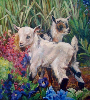 Pintura intitulada "Little Goats" por Ruslan Sabirov, Obras de arte originais, Óleo Montado em Armação em madeira
