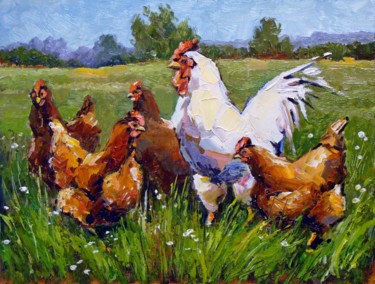 Schilderij getiteld "Chickens in the fie…" door Ruslan Sabirov, Origineel Kunstwerk, Olie