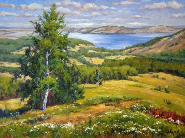 Painting titled "View of the Kama Ri…" by Ruslan Sabirov, Original Artwork, Oil