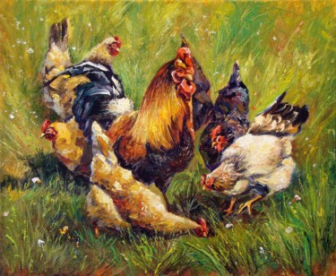 Painting titled "Flock of Chickens" by Ruslan Sabirov, Original Artwork, Oil Mounted on Wood Stretcher frame