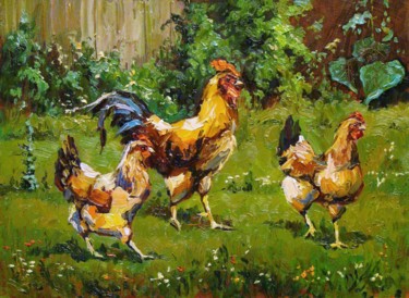 Painting titled "Backyard chickens" by Ruslan Sabirov, Original Artwork, Oil