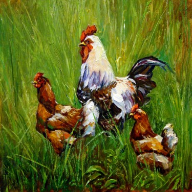 Ζωγραφική με τίτλο "Chickens in the gra…" από Ruslan Sabirov, Αυθεντικά έργα τέχνης, Λάδι