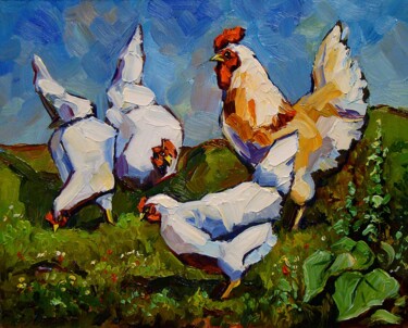 Schilderij getiteld "White chickens" door Ruslan Sabirov, Origineel Kunstwerk, Olie Gemonteerd op Karton