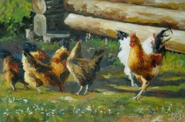 Pintura intitulada "Chickens near the l…" por Ruslan Sabirov, Obras de arte originais, Óleo Montado em Armação em madeira