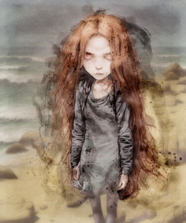 Digitale Kunst getiteld "Sad Girl at the Bea…" door Rüdiger Geisler, Origineel Kunstwerk, Digitaal Schilderwerk