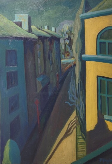 Painting titled "Ma rue au soleil" by Rudolf Faja, Original Artwork, Oil Mounted on Wood Stretcher frame