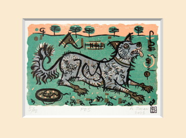 Printmaking titled "The dog" by Rudolf Suran, Original Artwork, Xylography