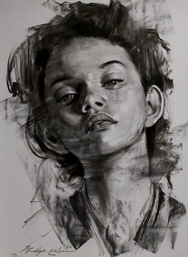 Drawing titled "potrait girl no.01" by Muh Ilyas Ruhiyat Artist, Original Artwork, Charcoal