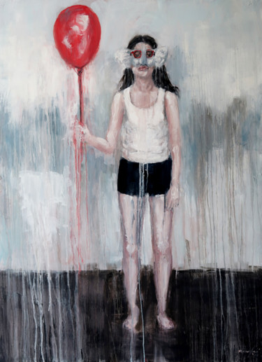 Painting titled "red balloon" by Rupert Cefai, Original Artwork, Oil Mounted on Wood Panel
