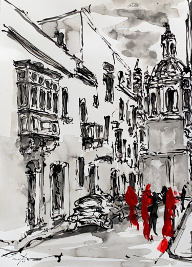 Painting titled "Church Str. Sliema…" by Rupert Cefai, Original Artwork, Ink