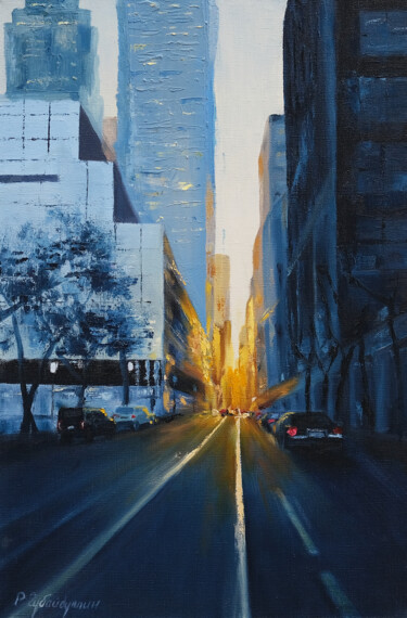 Ζωγραφική με τίτλο "Sunset in manhattan" από Ruslan Gubaydullin, Αυθεντικά έργα τέχνης, Λάδι Τοποθετήθηκε στο Ξύλινο φορείο…