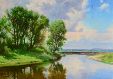 绘画 标题为“Пейзаж с птицами” 由Ruslan Kiprych, 原创艺术品, 油