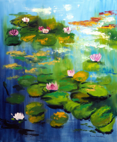 Painting titled "Water lilies of Mon…" by Ruslana Levandovska, Original Artwork, Oil Mounted on Wood Stretcher frame