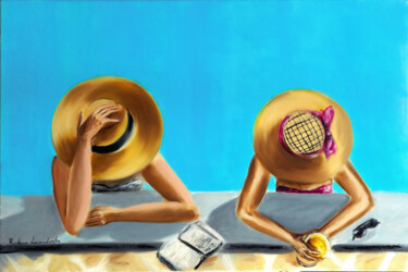 Painting titled "At the Pool" by Ruslana Levandovska, Original Artwork, Oil Mounted on Wood Stretcher frame
