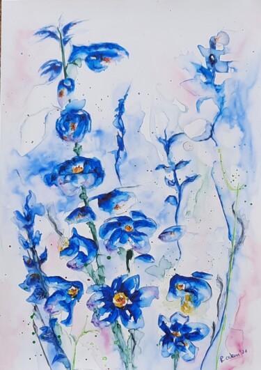 Schilderij getiteld "Blaue Blumen" door Ruth Ocken, Origineel Kunstwerk, Aquarel Gemonteerd op Andere stijve panelen