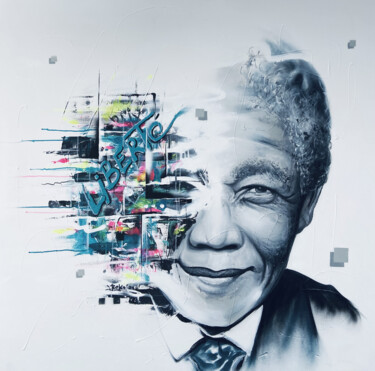 Painting titled "Mandela" by Roko, Original Artwork, Spray paint Mounted on Wood Stretcher frame