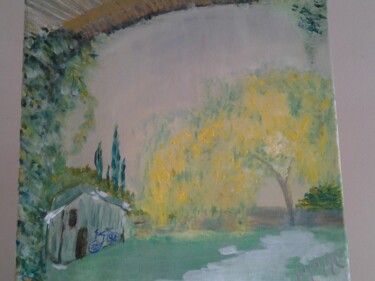 Painting titled "Mimosa sous la neig…" by Rynne, Original Artwork, Oil Mounted on Wood Stretcher frame