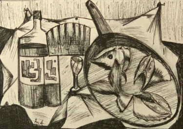 Desenho intitulada "Stell life with fish" por Rza Rzazadeh, Obras de arte originais, Tinta