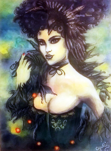 Painting titled "La femme corbeau" by Sophie Chmilewsky, Original Artwork, Watercolor Mounted on Glass