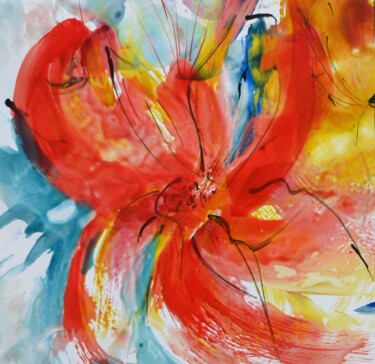 「Note florale rouge」というタイトルの絵画 Sophie Duchaineによって, オリジナルのアートワーク, エンカウスティーク