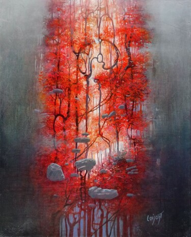 Painting titled "Forêt rouge vertica…" by Sylvain Loisant, Original Artwork, Oil Mounted on Wood Stretcher frame