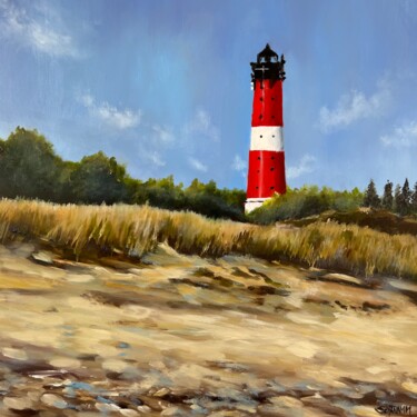 Painting titled "Leuchtturm Sylt Hör…" by Sabine Schramm, Original Artwork, Oil Mounted on Wood Panel