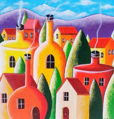 Malerei mit dem Titel "L'étrange village" von Sabrina Riggio, Original-Kunstwerk, Acryl