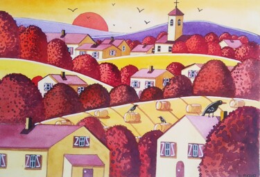 Painting titled "Un soir en campagne" by Sabrina Riggio, Original Artwork, Watercolor