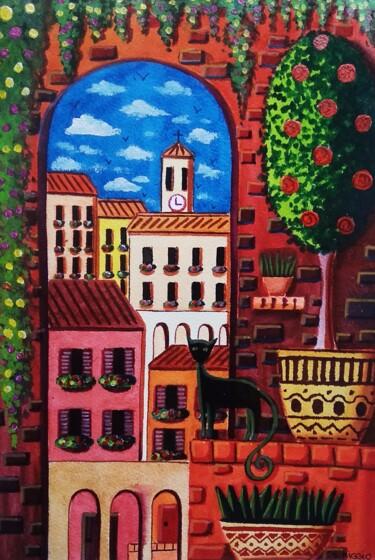 Peinture intitulée "Le village aux fleu…" par Sabrina Riggio, Œuvre d'art originale, Aquarelle