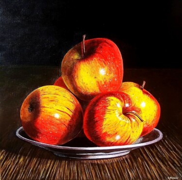 Painting titled "Cinq pommes" by Sabrina Riggio, Original Artwork, Acrylic Mounted on Wood Stretcher frame