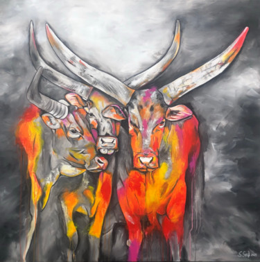 Malerei mit dem Titel "american longhorns" von Sabrina Seck, Original-Kunstwerk, Acryl